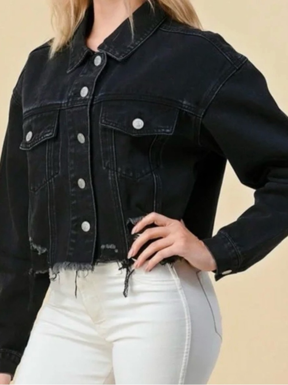 Women’s Cotton Cropped Black Distressed Denim Jacket Size Small Boxy‎